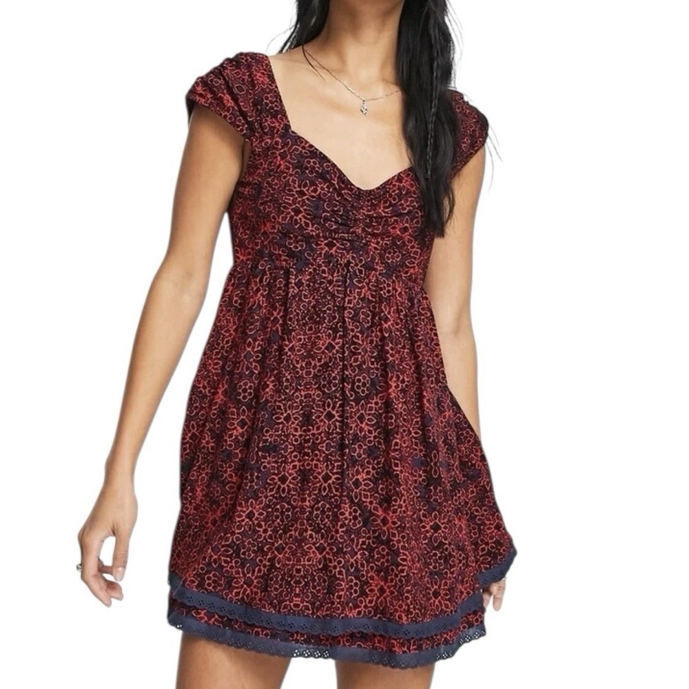 Free People Tabitha Dress Womens Small Floral Short Sleeve Babydoll Stretch Back